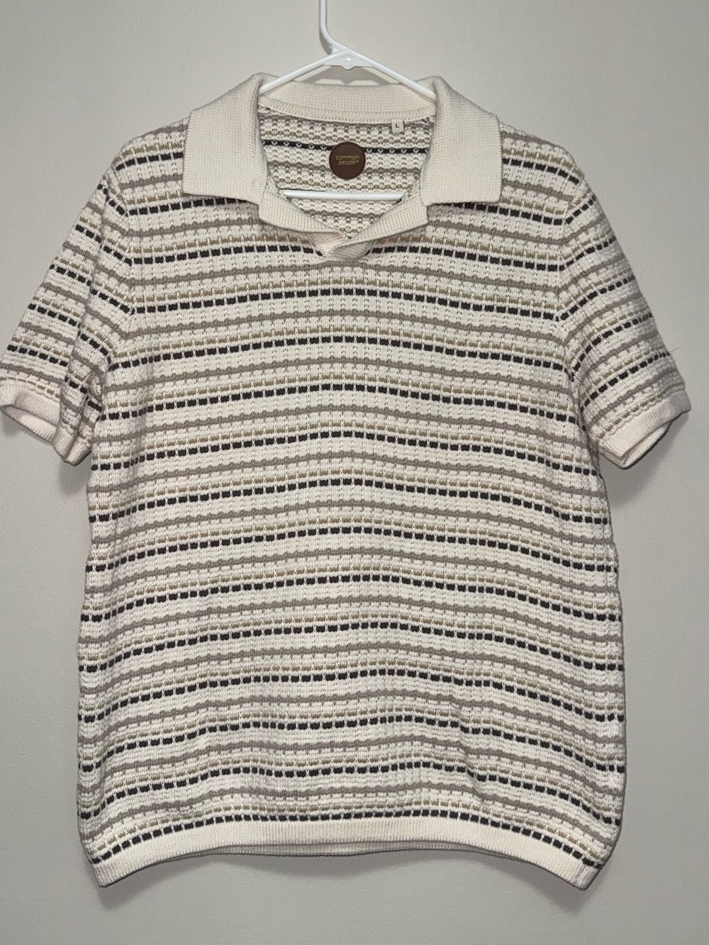 Men's Short-Sleeve Knit Polo in Cream and Brown Stripe
